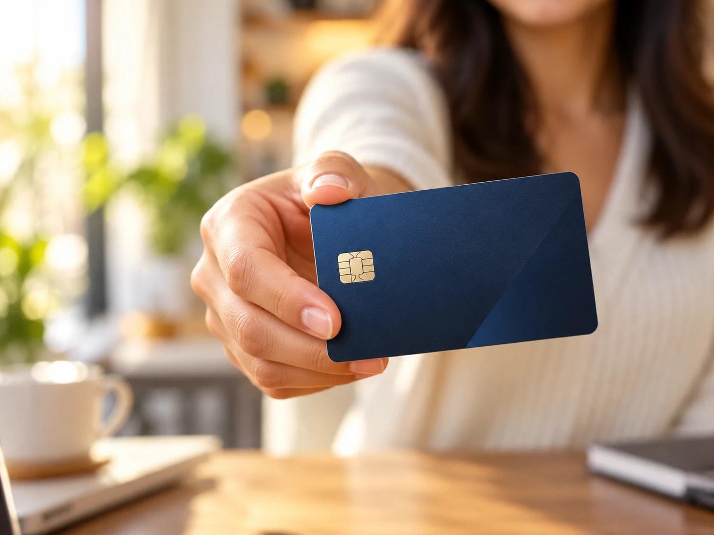 A hand holding out a credit card.