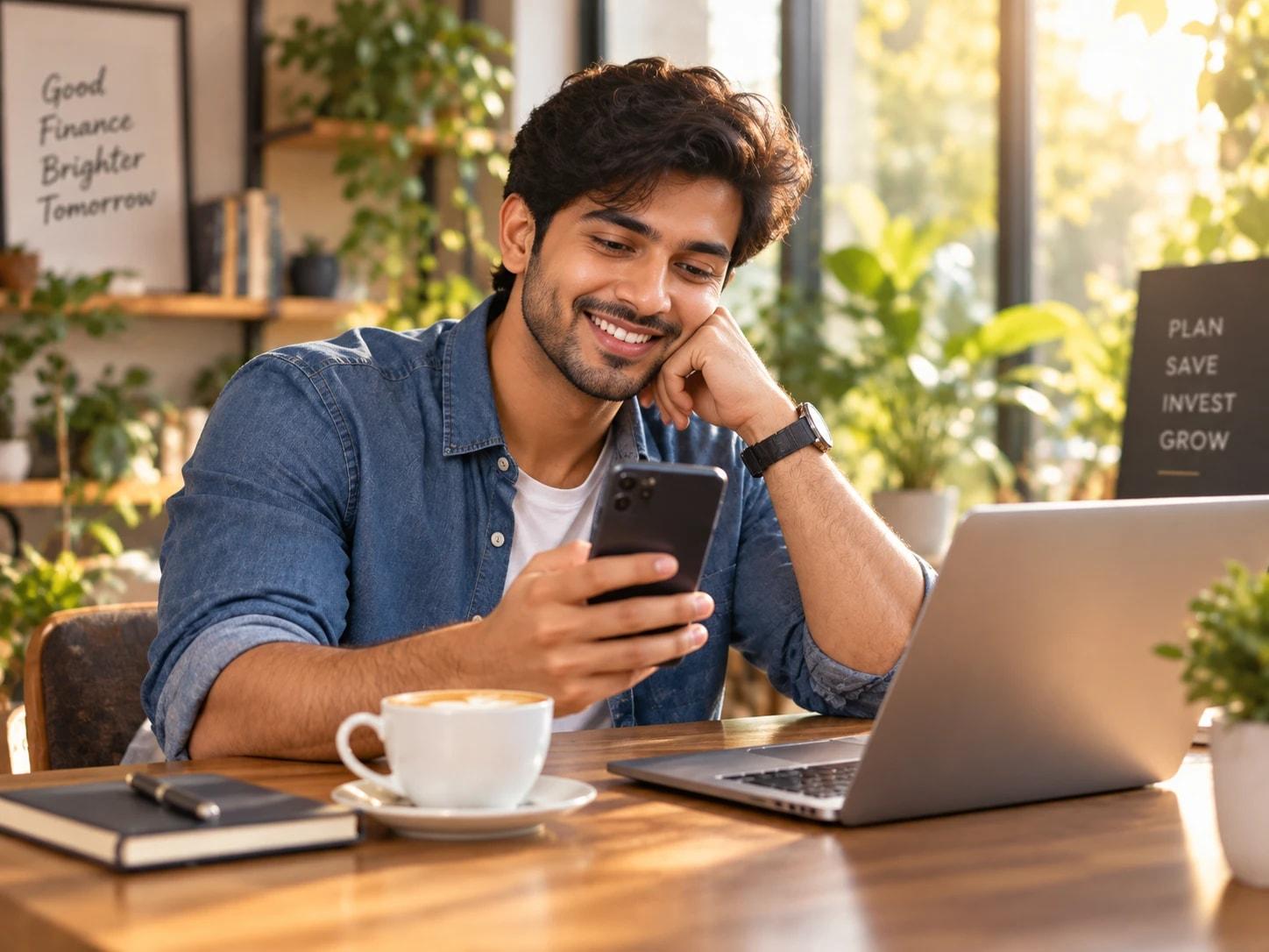 A person smiling at their phone beside a laptop.